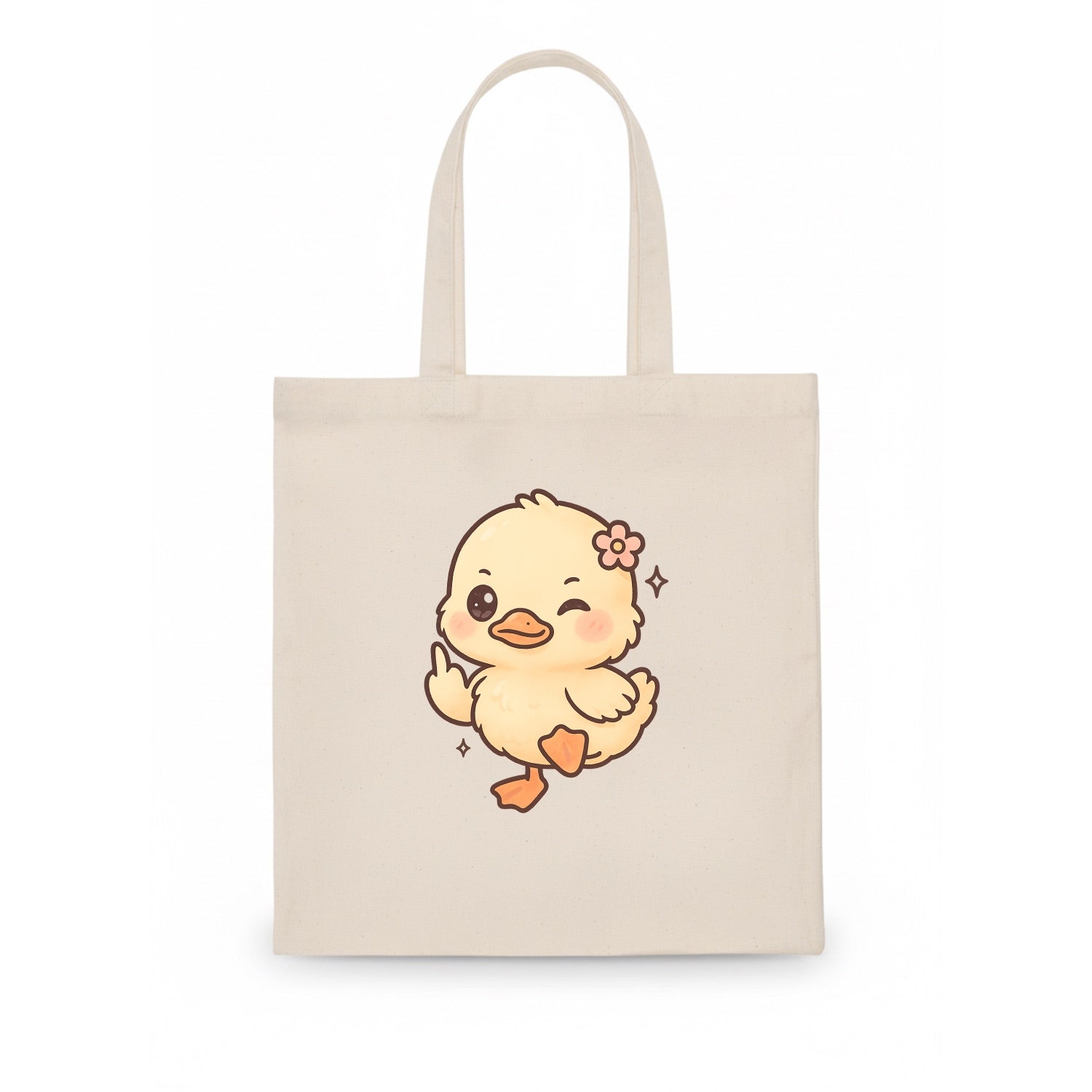 fluffy baby duck with small flower, one webbed foot raised sassily - Tote Bag - white