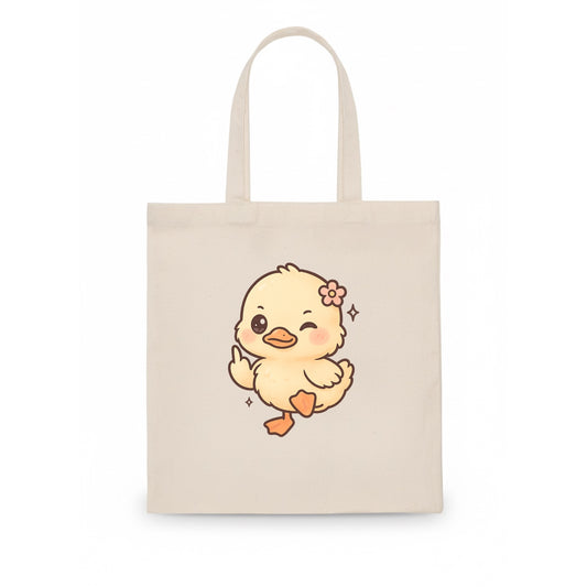 fluffy baby duck with small flower, one webbed foot raised sassily - Tote Bag - white