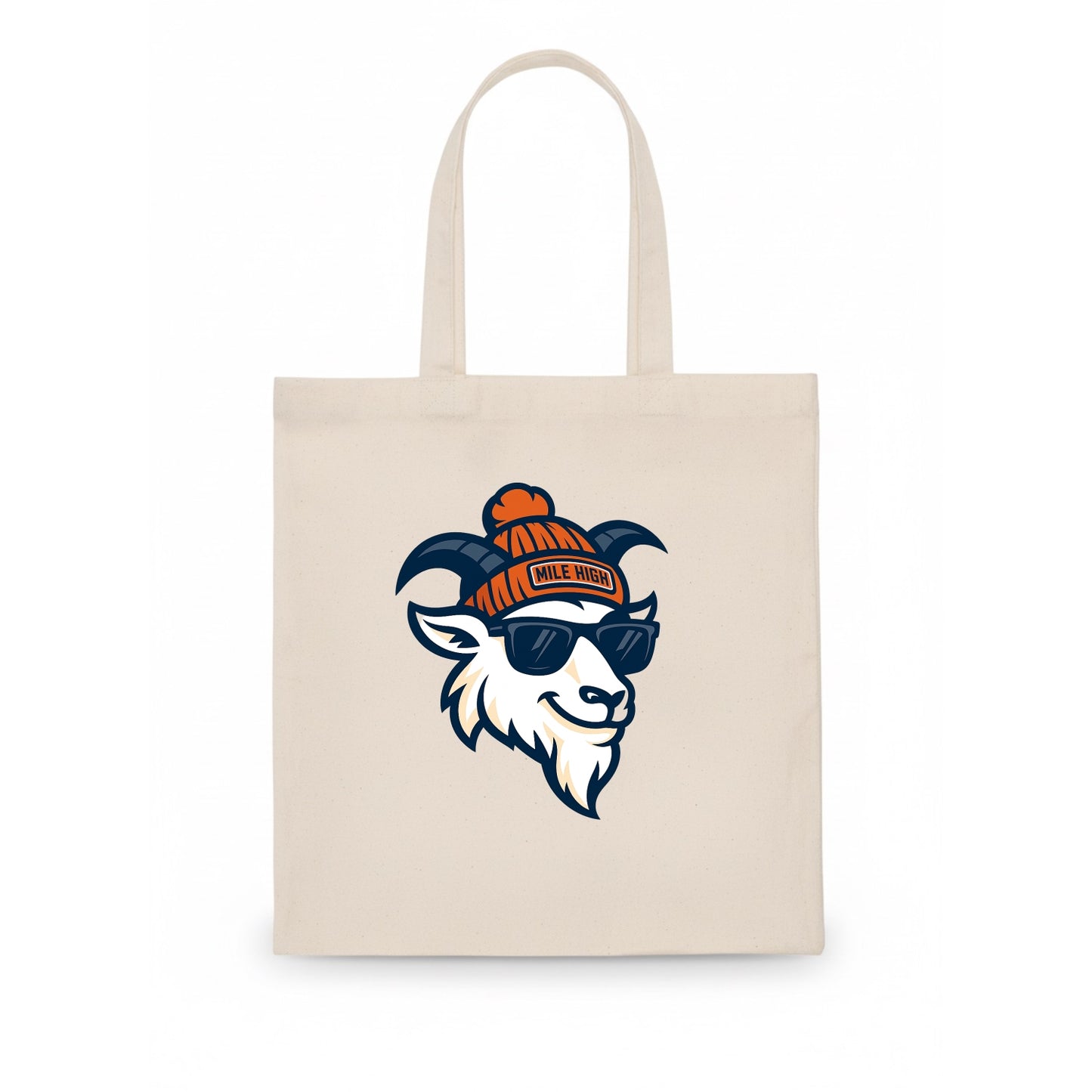 Denver Mountain Goat wearing Broncos beanie with Mile High patch and wayfarer sunglasses - Tote Bag - white
