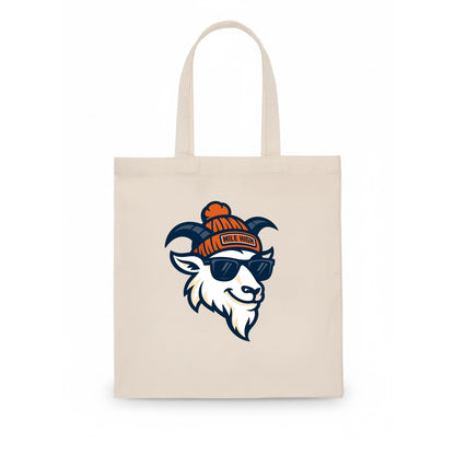 Denver Mountain Goat wearing Broncos beanie with Mile High patch and wayfarer sunglasses - Tote Bag - white