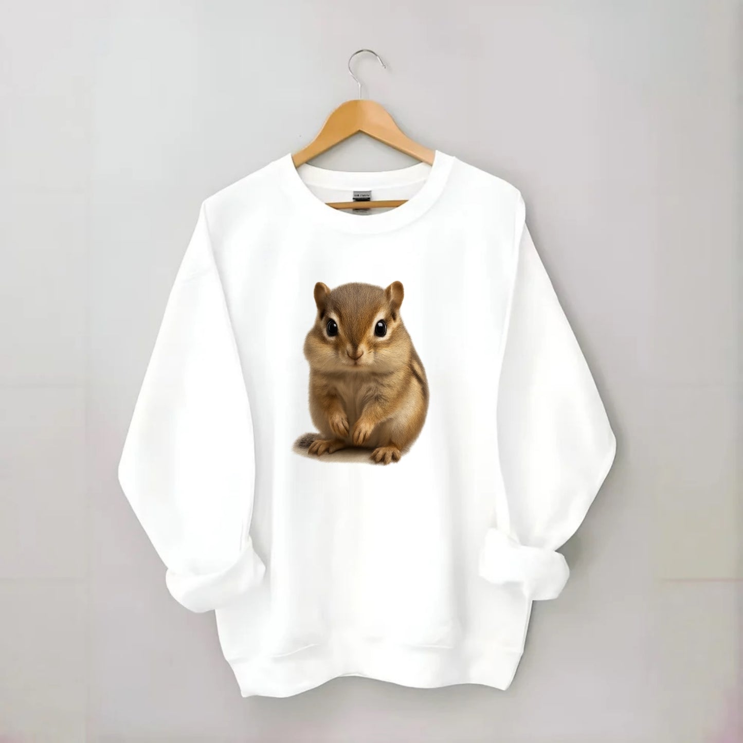 Baby Chipmunk - striped back, cheek pouches, tiny paws, bright eyes, - Crewneck Sweatshirt - white