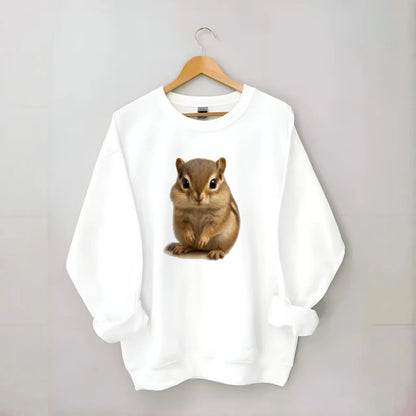 Baby Chipmunk - striped back, cheek pouches, tiny paws, bright eyes, - Crewneck Sweatshirt - white