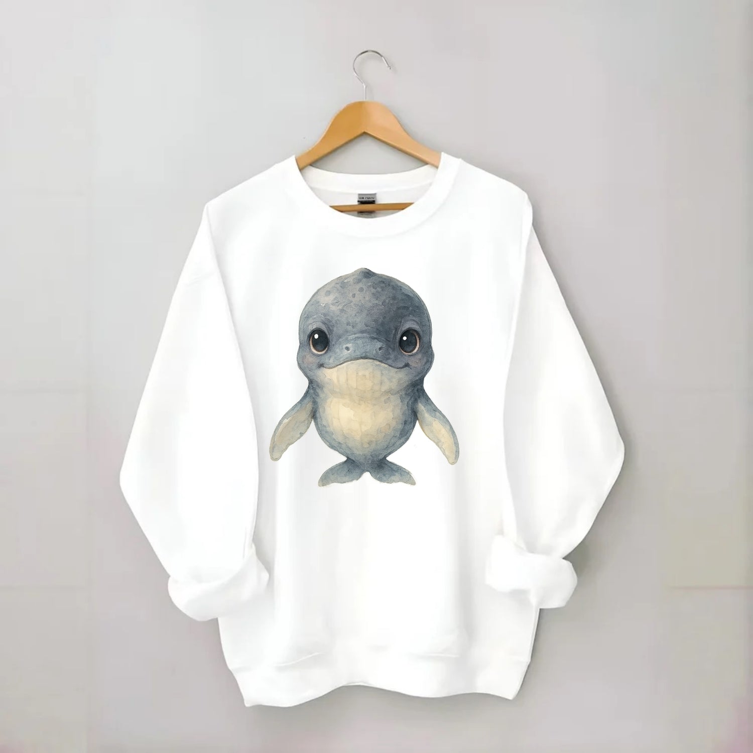 Baby Humpback Whale - dark gray with white flippers, large gentle eyes, - Crewneck Sweatshirt - white