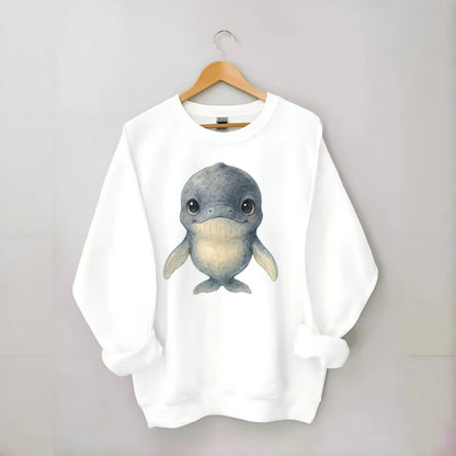 Baby Humpback Whale - dark gray with white flippers, large gentle eyes, - Crewneck Sweatshirt - white