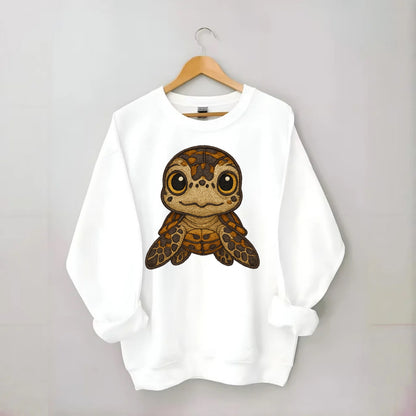 Baby Hawksbill Turtle - amber and brown shell pattern, curious golden eyes, - Crewneck Sweatshirt - white