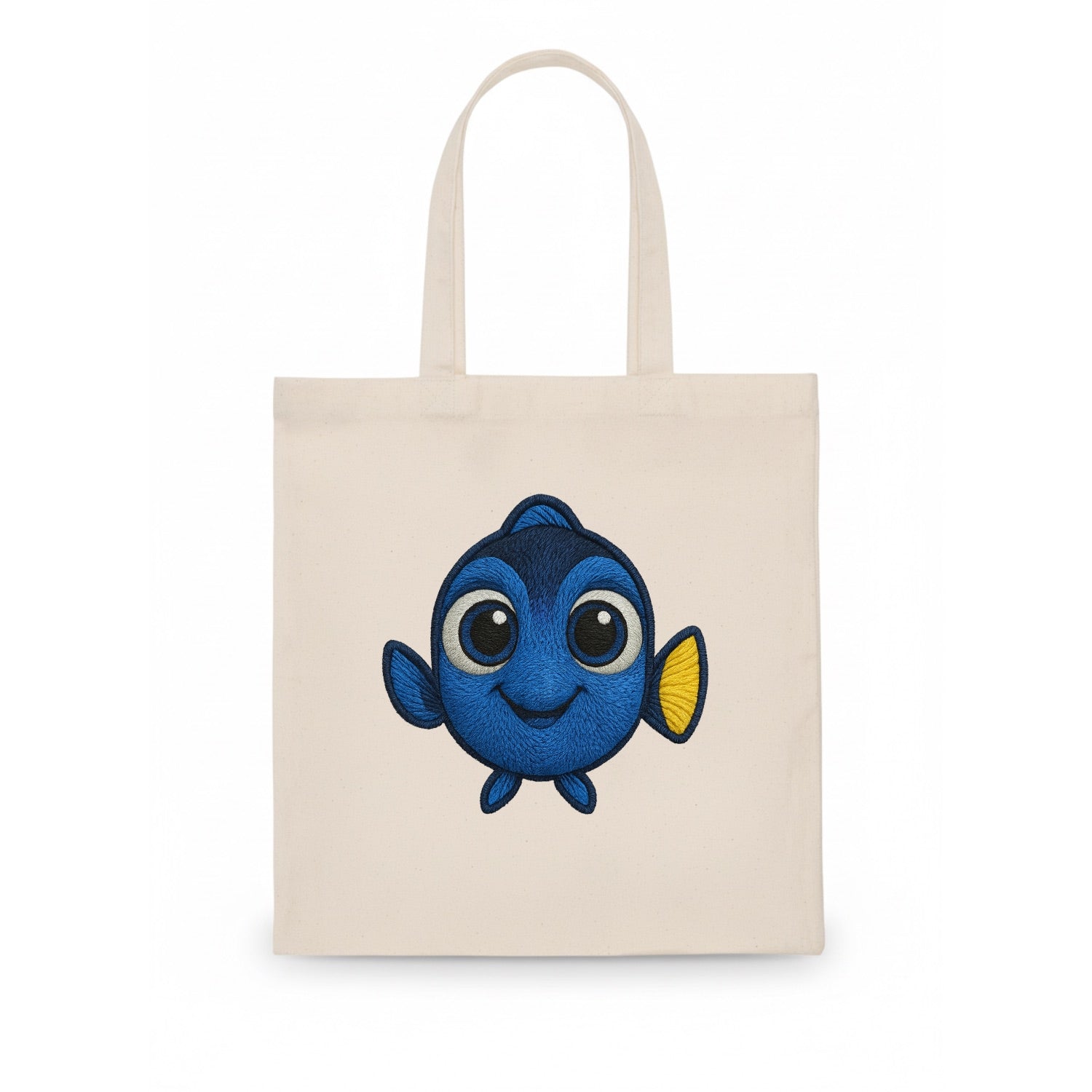 Baby Blue Tang - bright blue with yellow tail, big eyes, front-facing, Dory-style - Tote Bag - white