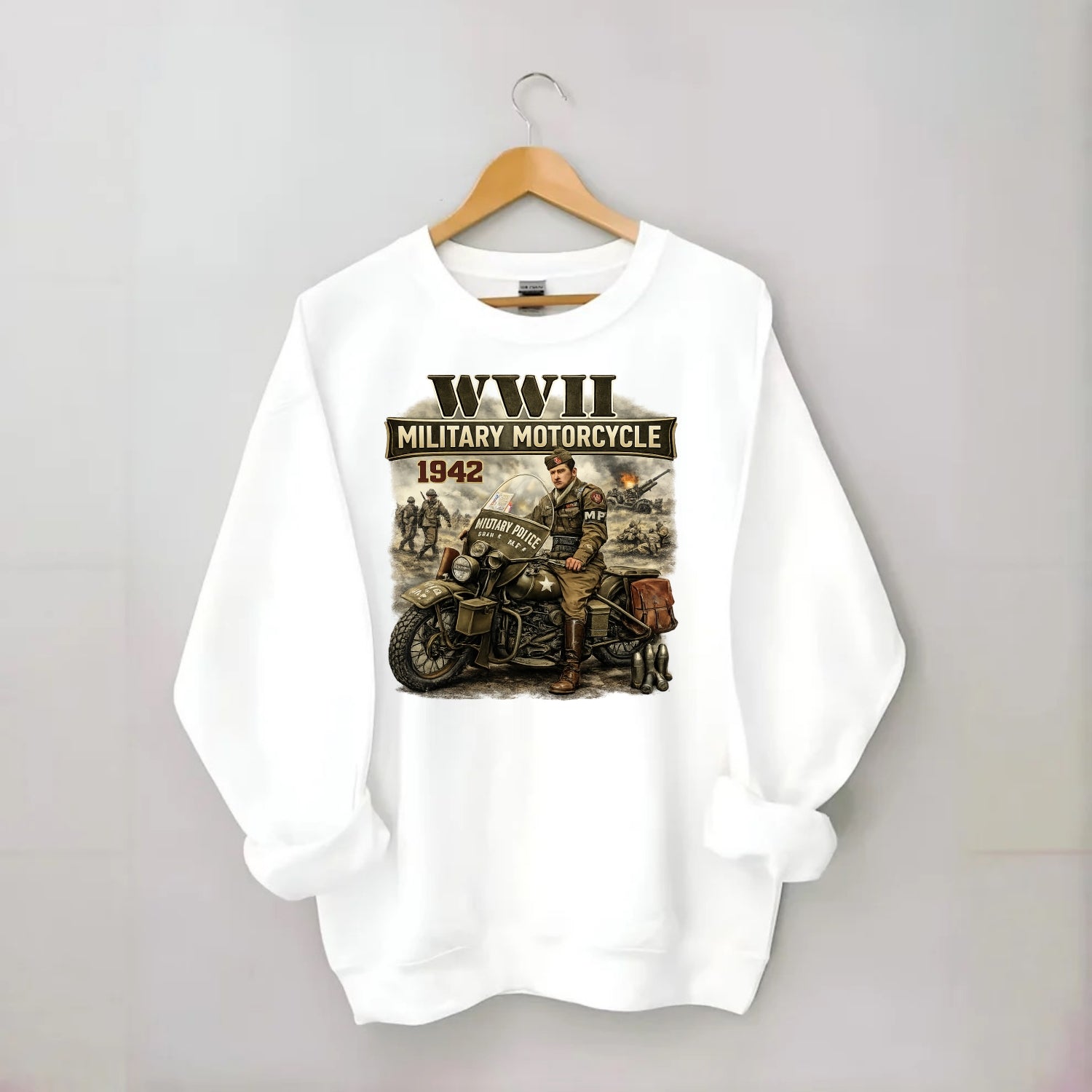 Wwii Military Motorcycle 1942 - Crewneck Sweatshirt - white