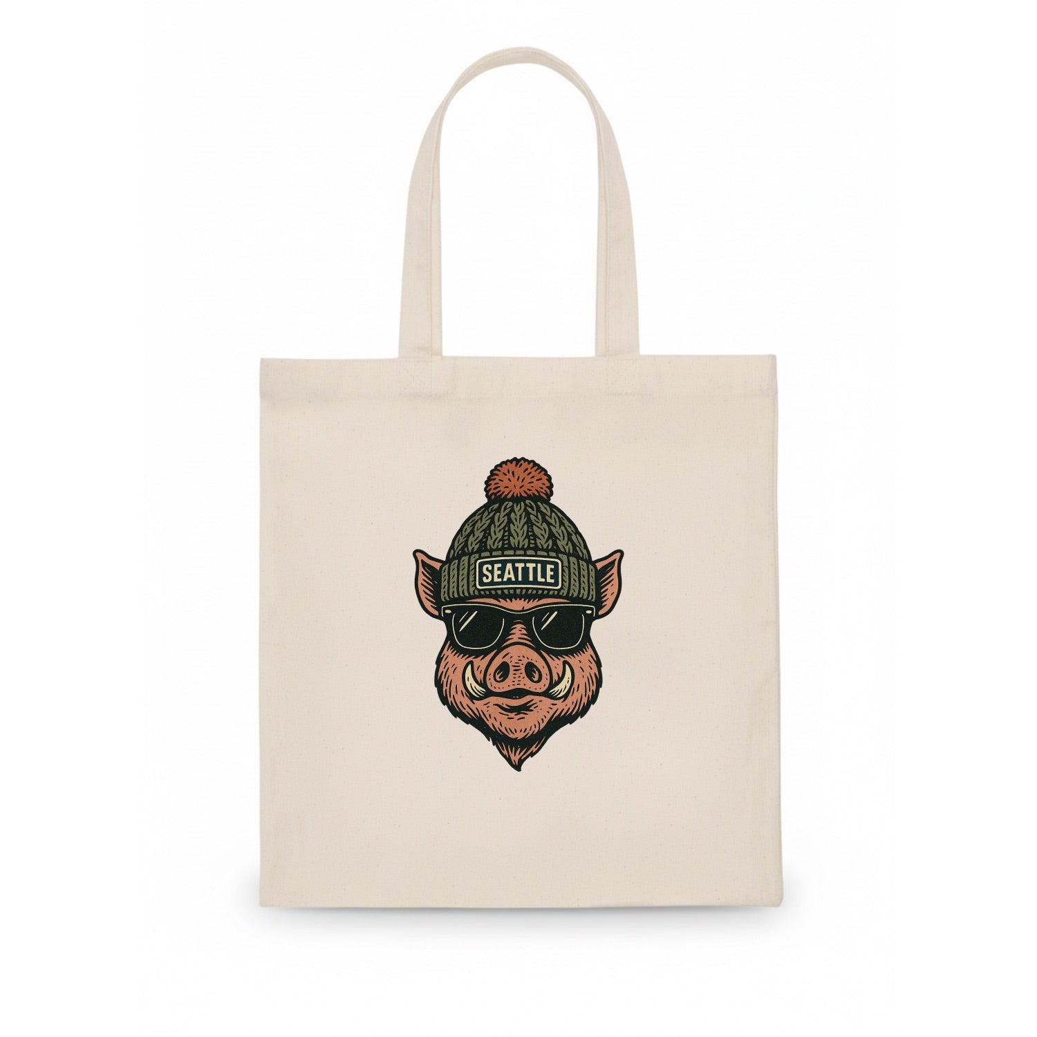 Washington Hog wearing Seattle beanie with pom pom and wayfarer sunglasses - Tote Bag - white