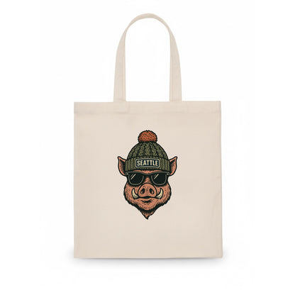 Washington Hog wearing Seattle beanie with pom pom and wayfarer sunglasses - Tote Bag - white
