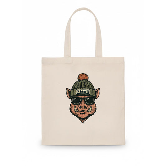 Washington Hog wearing Seattle beanie with pom pom and wayfarer sunglasses - Tote Bag - white
