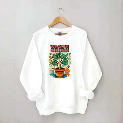 Money tree growing from investment pot - financial independence journey, - Crewneck Sweatshirt - white