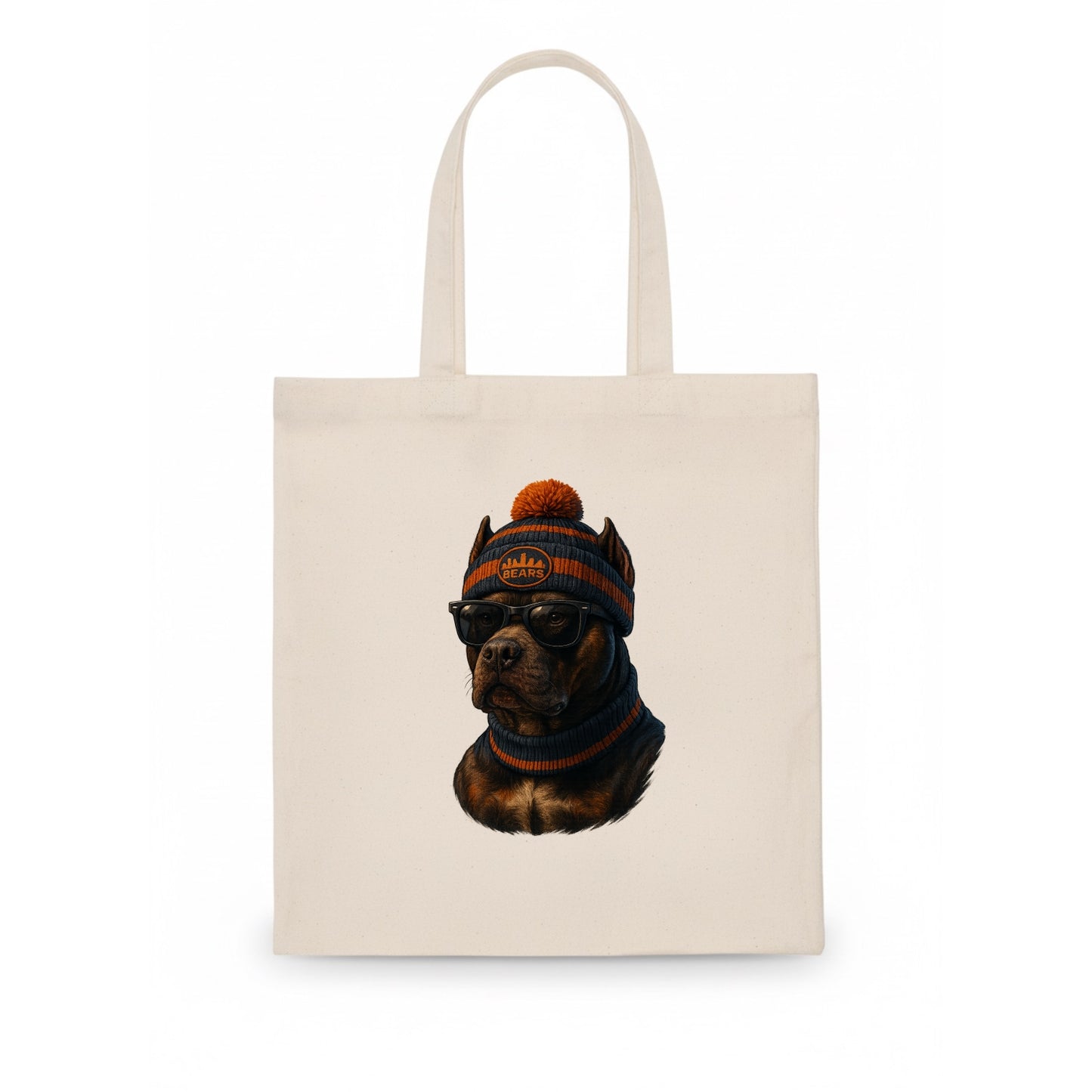 Chicago Pitbull wearing Bears beanie with skyline patch and wayfarer sunglasses - Tote Bag - white