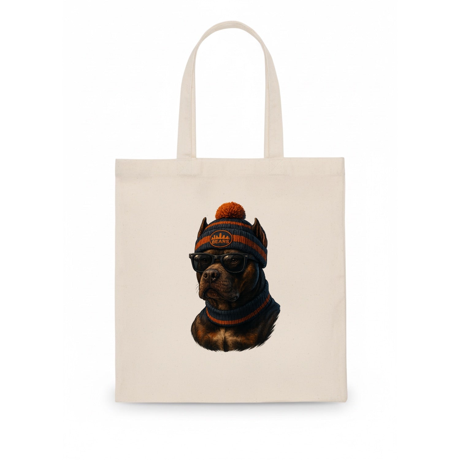 Chicago Pitbull wearing Bears beanie with skyline patch and wayfarer sunglasses - Tote Bag - white