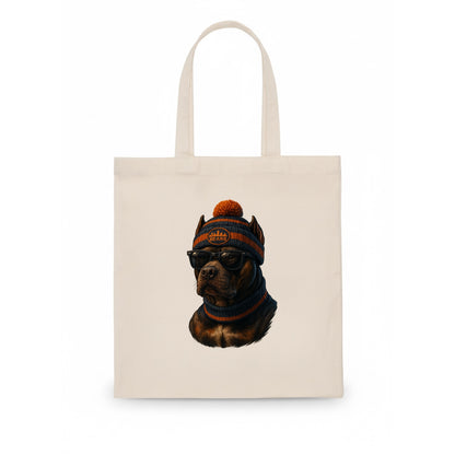 Chicago Pitbull wearing Bears beanie with skyline patch and wayfarer sunglasses - Tote Bag - white