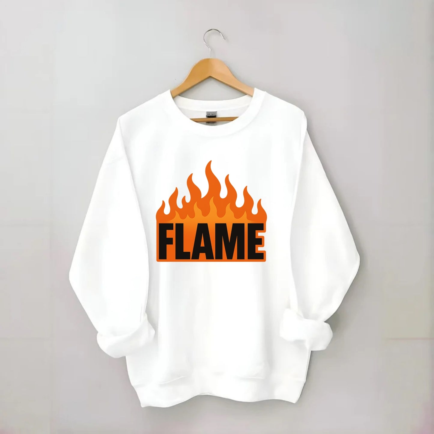 Bold typography design - "FLAME" - burning bright, passionate - Crewneck Sweatshirt - white