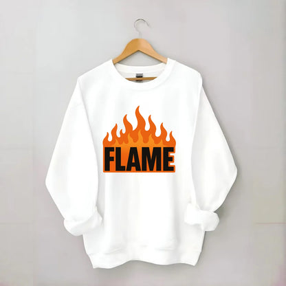 Bold typography design - "FLAME" - burning bright, passionate - Crewneck Sweatshirt - white