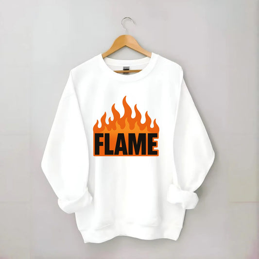 Bold typography design - "FLAME" - burning bright, passionate - Crewneck Sweatshirt - white