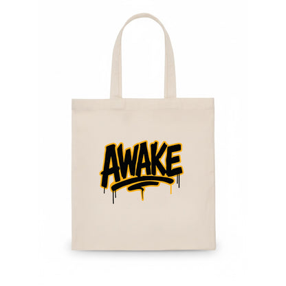 Bold typography design - "AWAKE" - conscious, aware, alert - Tote Bag - white