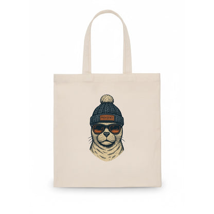 Rhode Island Harbor Seal wearing Providence beanie with pom pom and wayfarer sunglasses - Tote Bag - white