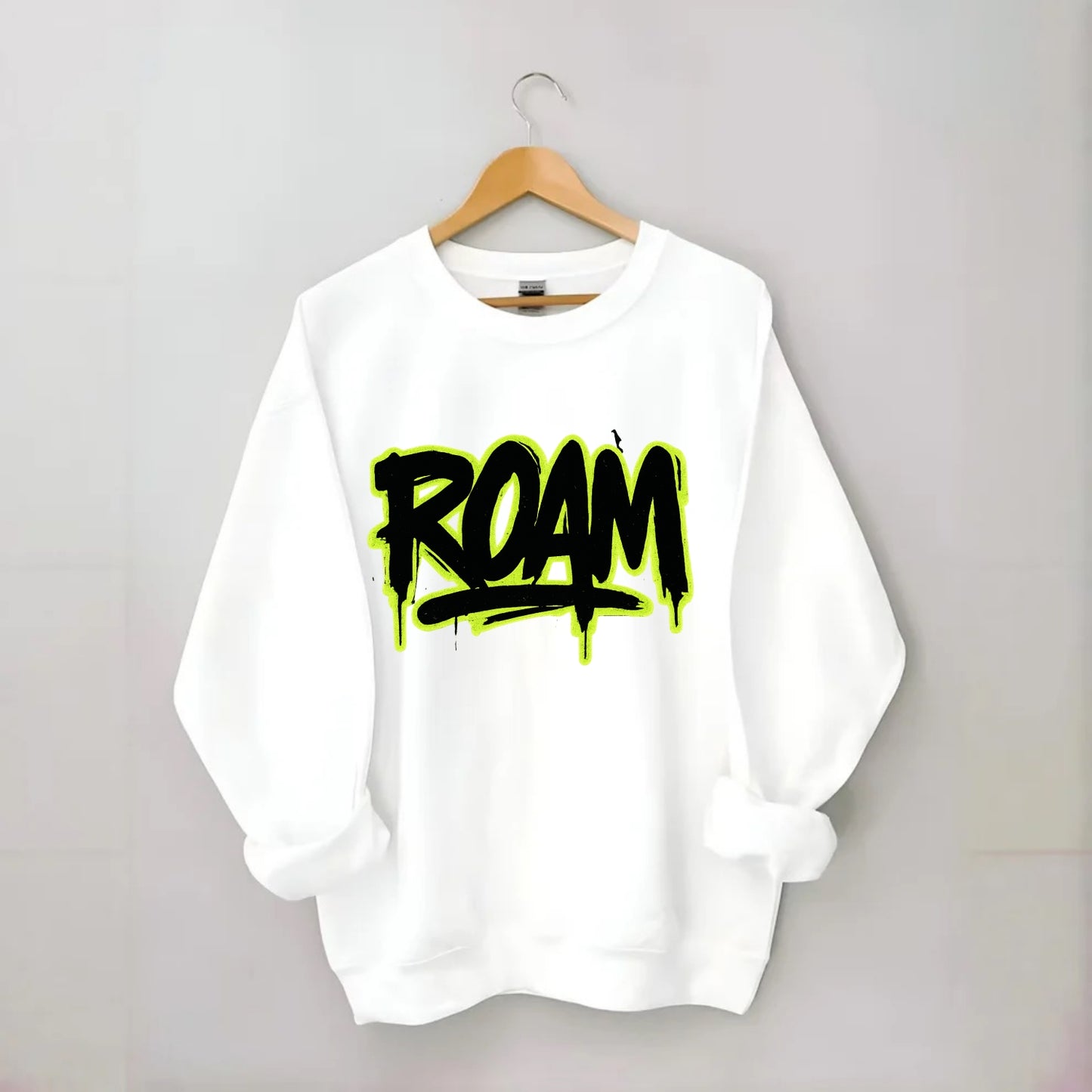 Bold typography design - "ROAM" - wander freely, no destination needed - Crewneck Sweatshirt - white