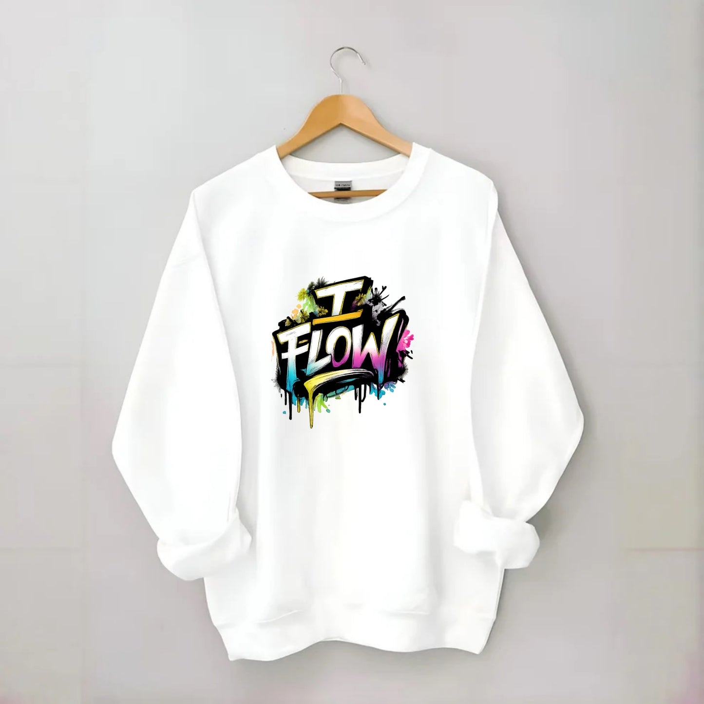 Bold typography design - "I FLOW" - going with life, easy movement - Crewneck Sweatshirt - white