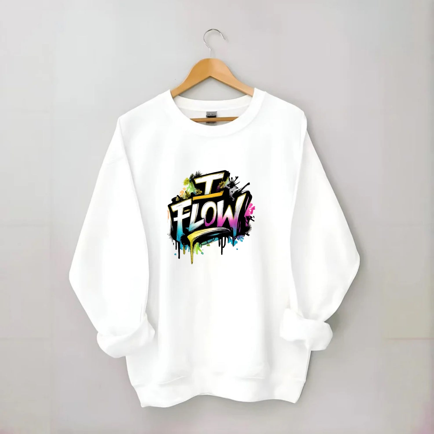 Bold typography design - "I FLOW" - going with life, easy movement - Crewneck Sweatshirt - white