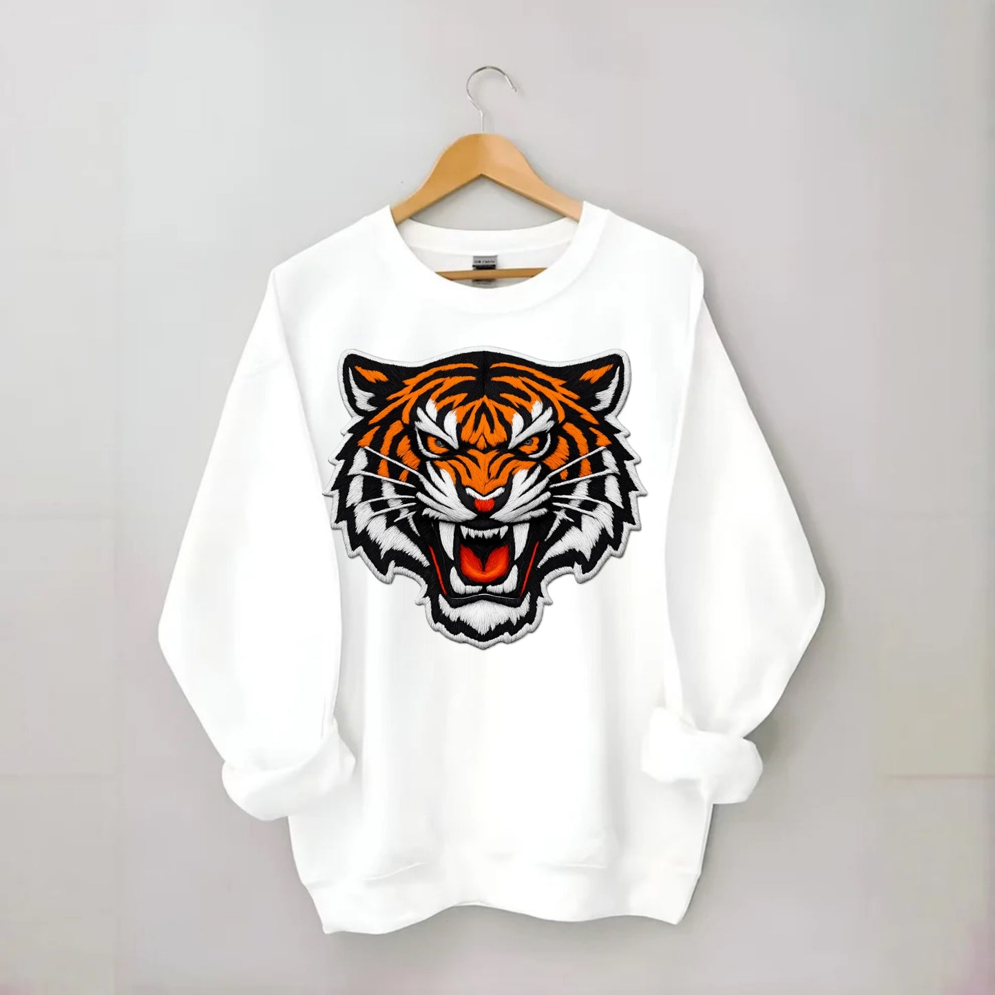 TIGER STRIPES FACE - fierce tiger face in orange, black and white , predator - Crewneck Sweatshirt - white
