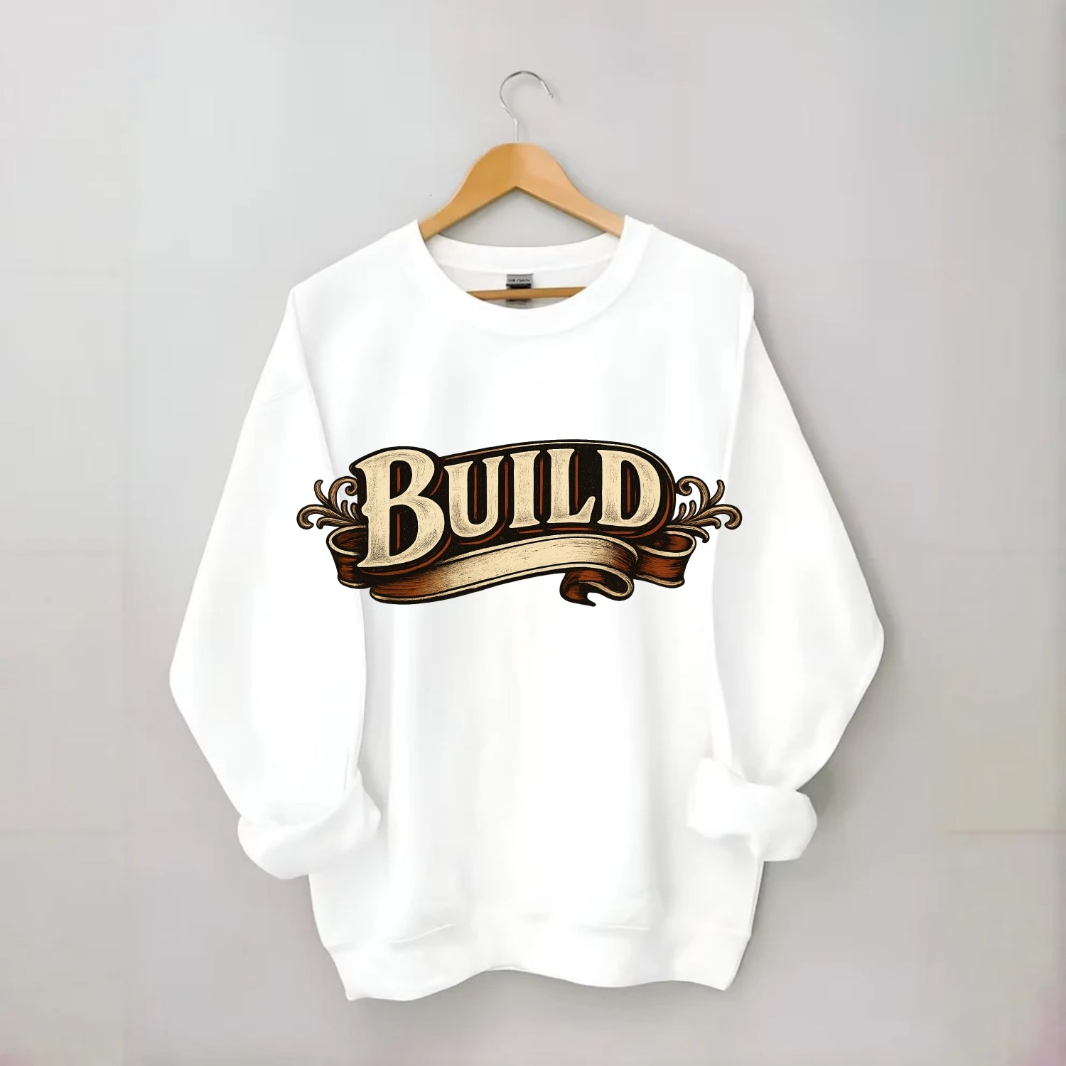 Bold typography design - "BUILD" - constructing, making real - Crewneck Sweatshirt - white