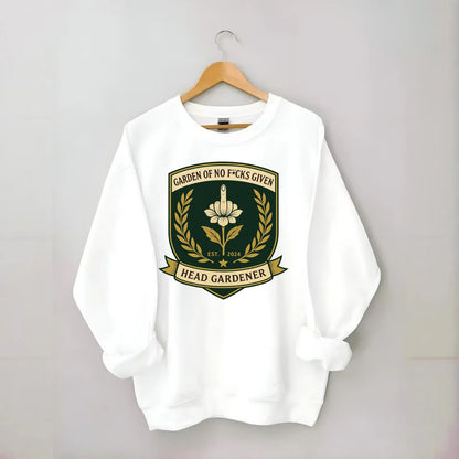 Shield with middle finger flower - "Garden of No F*cks Given - Head Gardener" - Crewneck Sweatshirt - white