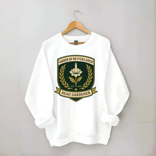 Shield with middle finger flower - "Garden of No F*cks Given - Head Gardener" - Crewneck Sweatshirt - white