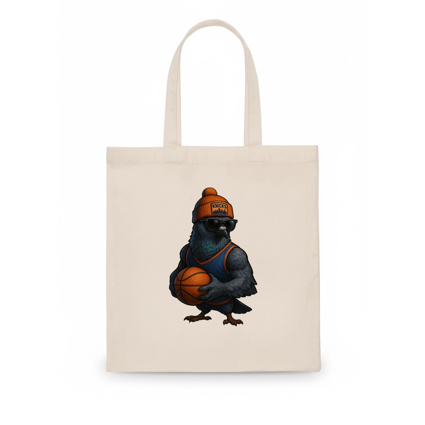Manhattan Pigeon wearing Knicks beanie with skyline patch and wayfarer sunglasses - Tote Bag - white