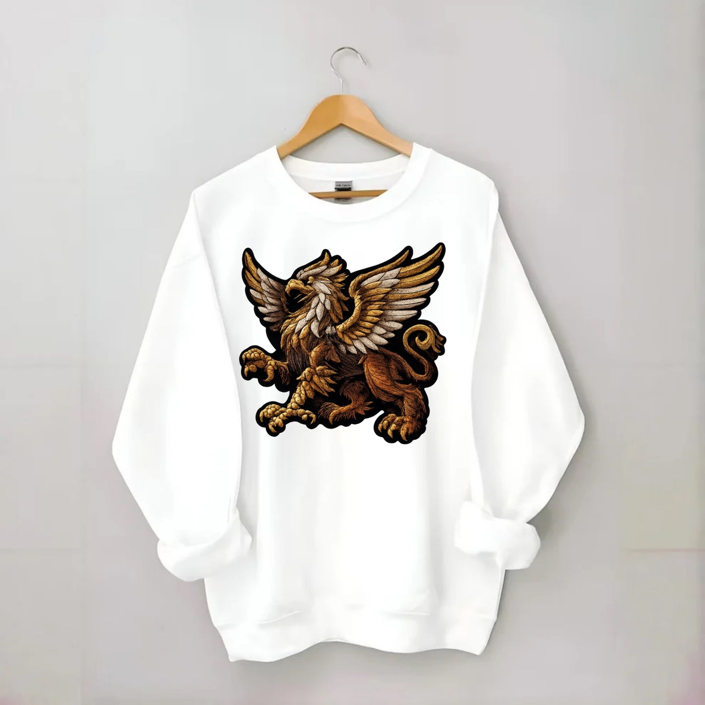 GRIFFIN BEAST - lion eagle hybrid in gold and brown , heraldic - Crewneck Sweatshirt - white