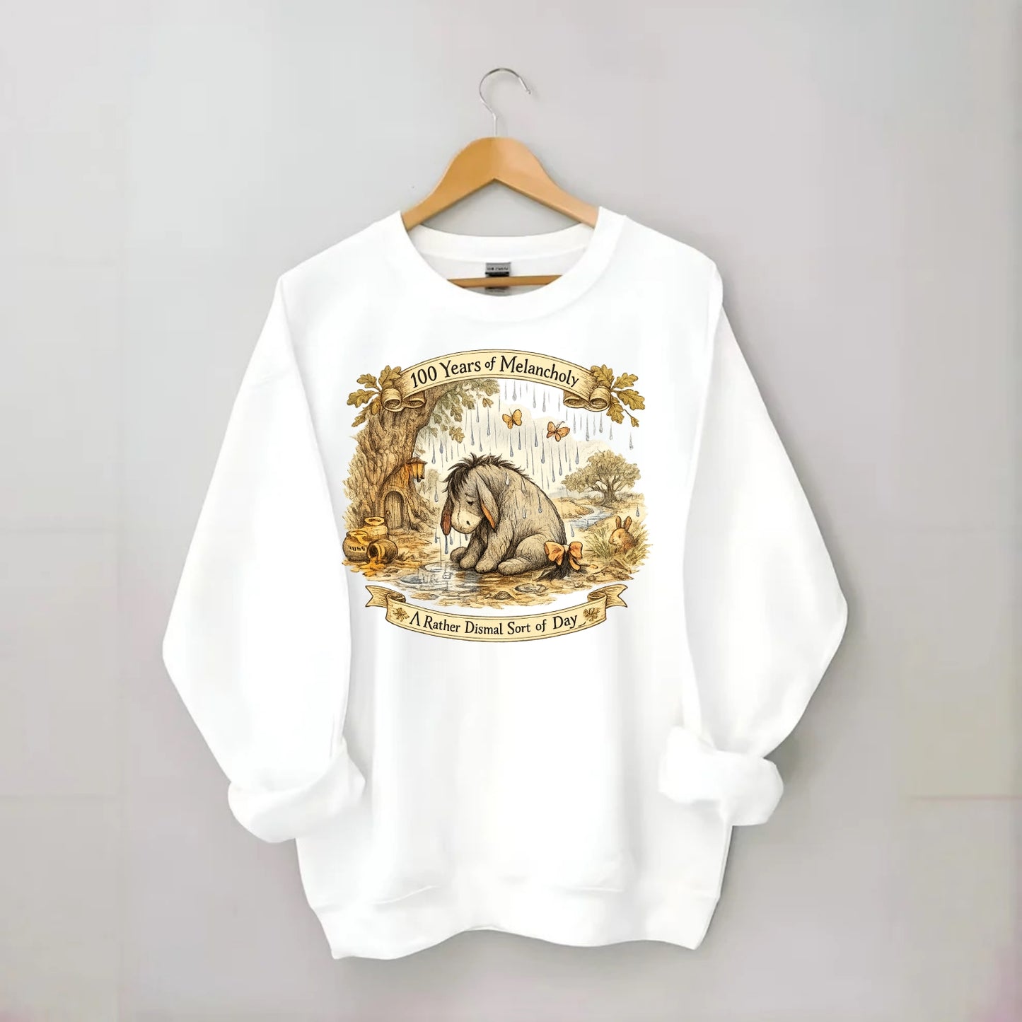 GLOOMY GLEN | Droopy figure in rain | Tattered tail bow | Pessimistic poetry - Crewneck Sweatshirt - white