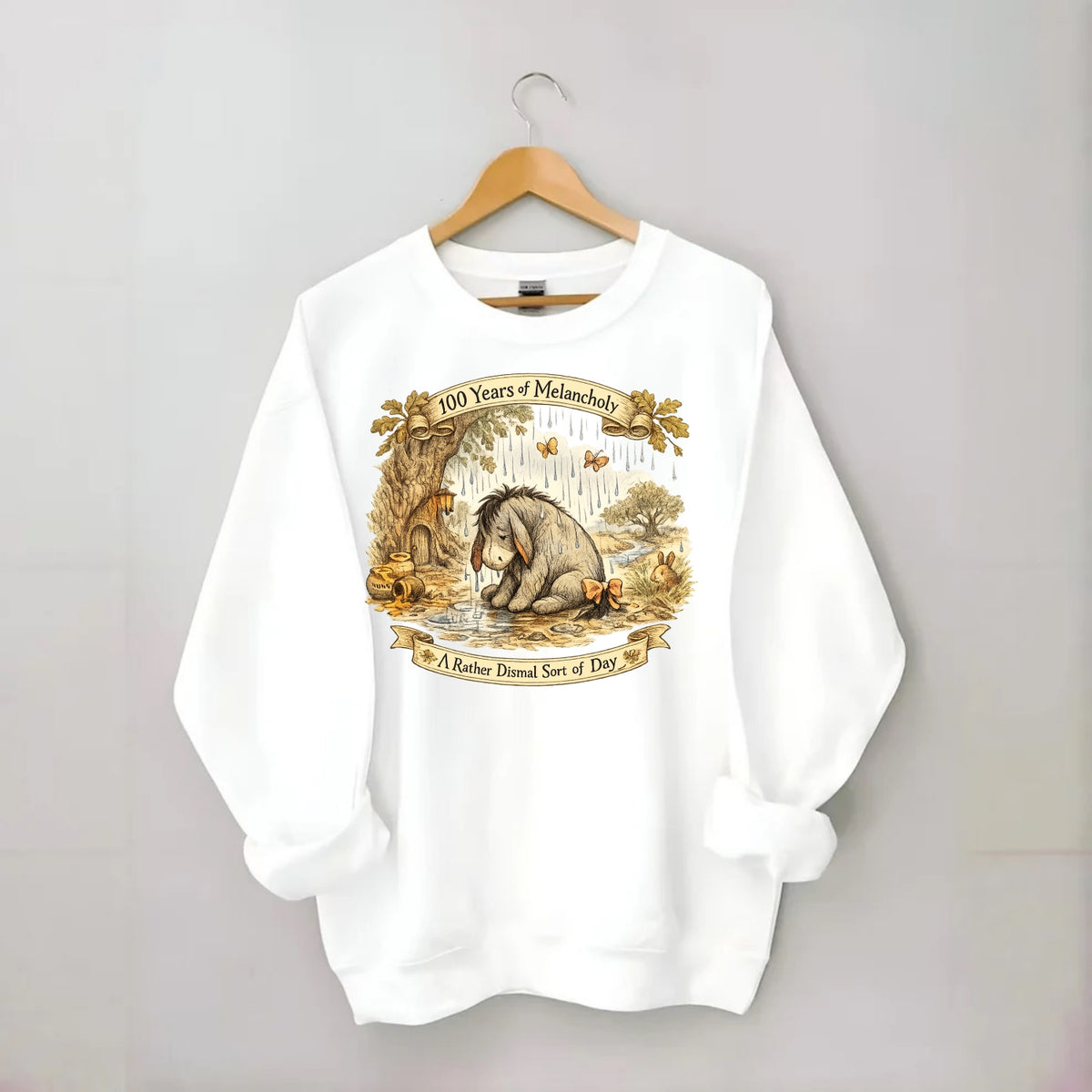 GLOOMY GLEN | Droopy figure in rain | Tattered tail bow | Pessimistic poetry - Crewneck Sweatshirt - white