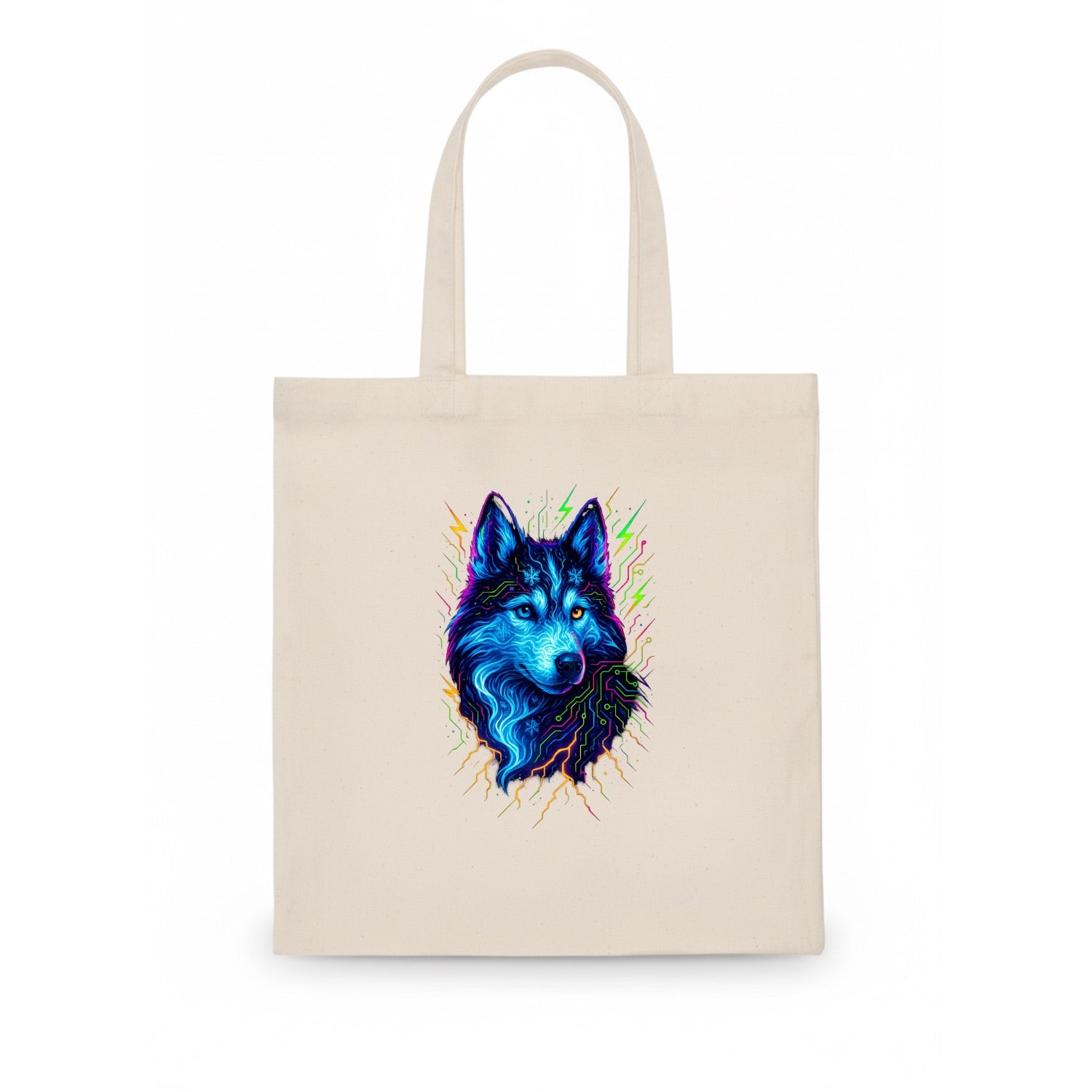 Siberian husky with ice-crystal flowing patterns, electric blue and white swirls, - Tote Bag - white