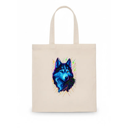 Siberian husky with ice-crystal flowing patterns, electric blue and white swirls, - Tote Bag - white