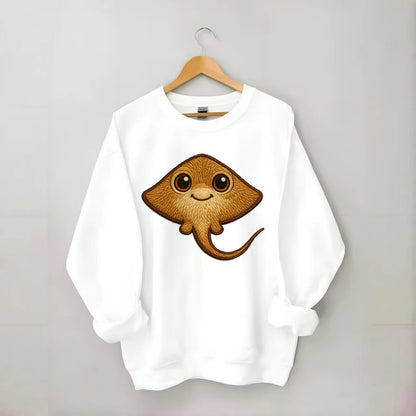 Baby Stingray - flat body, long tail, eyes on top, front-facing, friendly - Crewneck Sweatshirt - white