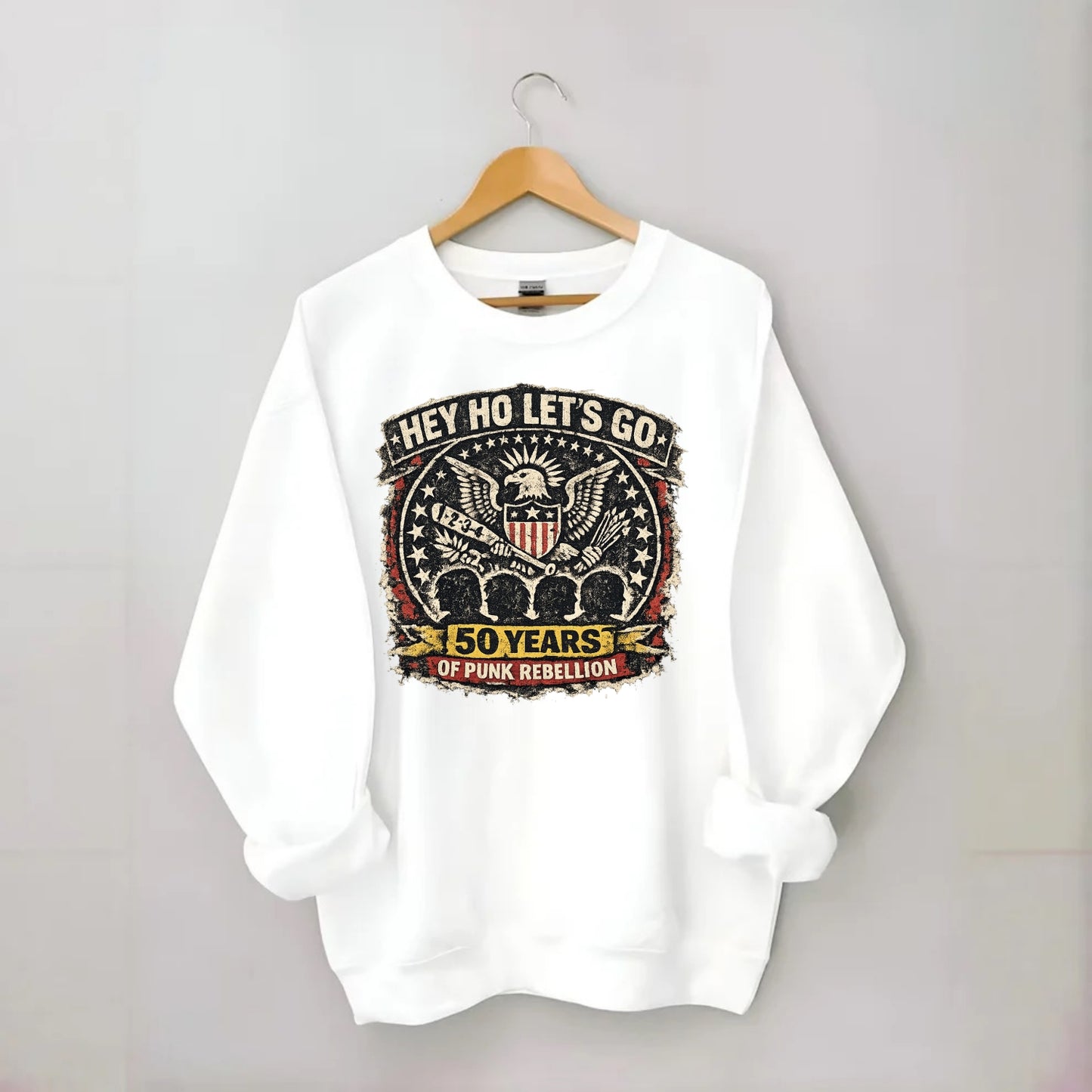 RAMONES LEGACY | Hey Ho Let's Go typography | Presidential seal parody | Four - Crewneck Sweatshirt - white