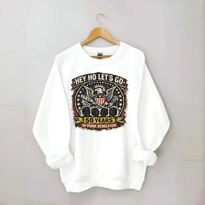 RAMONES LEGACY | Hey Ho Let's Go typography | Presidential seal parody | Four - Crewneck Sweatshirt - white