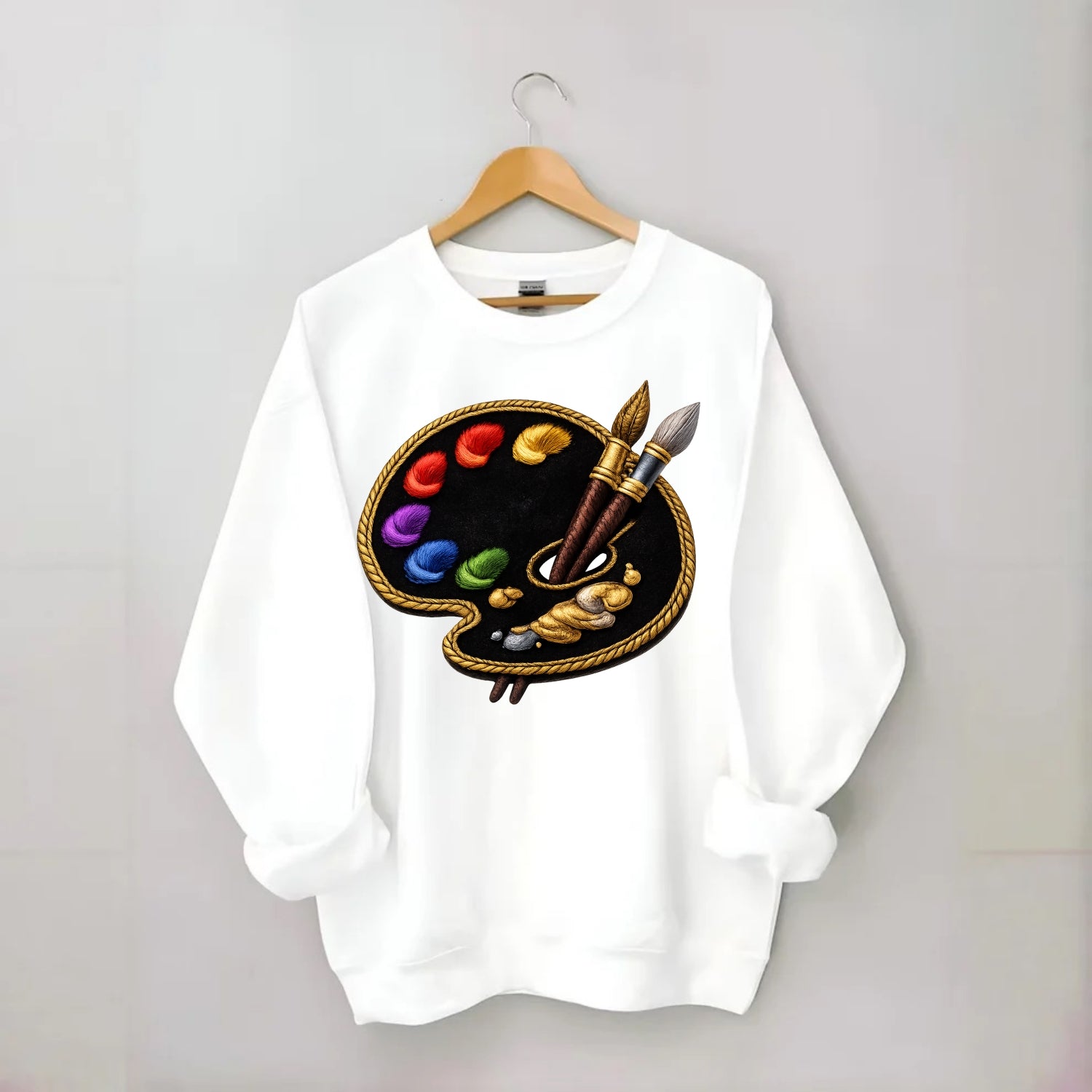 PAINT PALETTE - artist palette with brushes in rainbow and brown , creative - Crewneck Sweatshirt - white