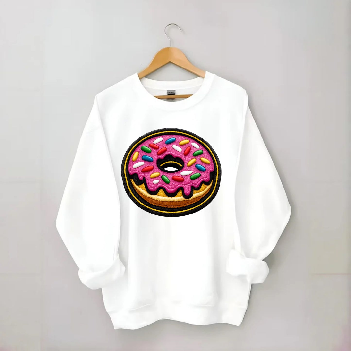 DONUT SPRINKLES - glazed donut with sprinkles in pink and rainbow , sweet - Crewneck Sweatshirt - white