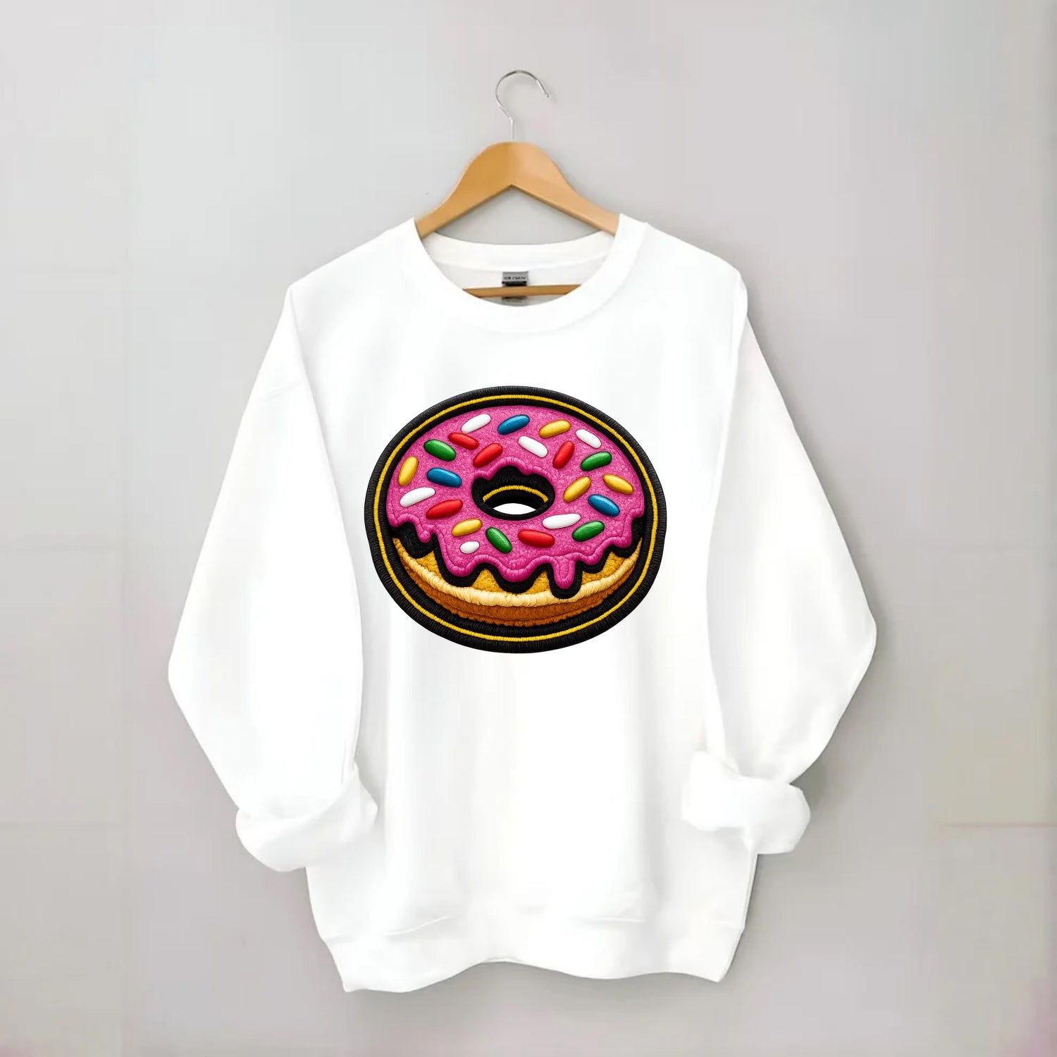 DONUT SPRINKLES - glazed donut with sprinkles in pink and rainbow , sweet - Crewneck Sweatshirt - white