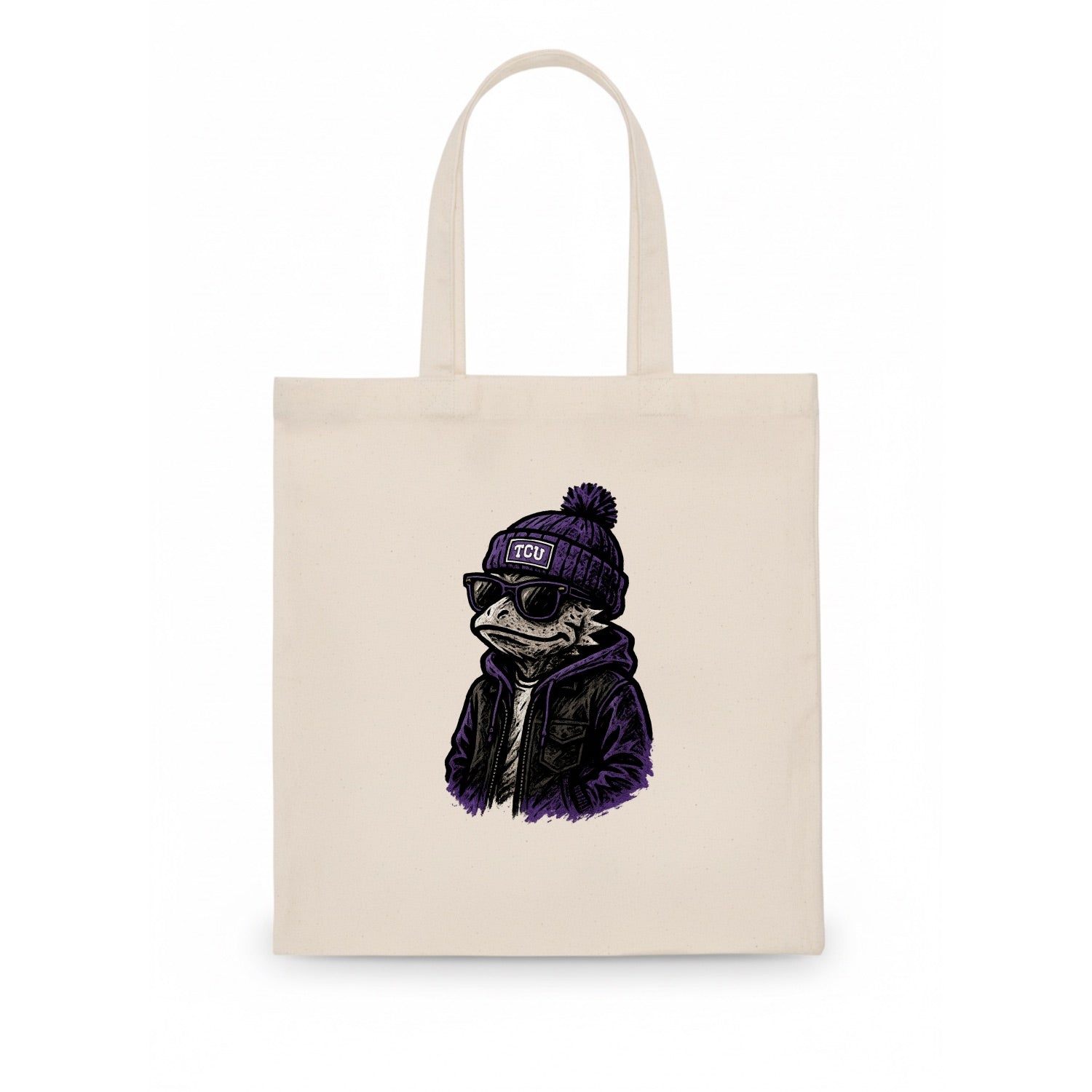 Fort Worth Frog wearing TCU beanie with horned patch - Tote Bag - white