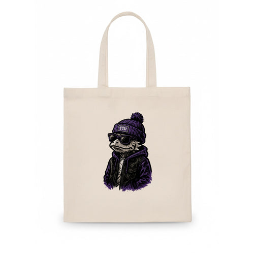 Fort Worth Frog wearing TCU beanie with horned patch - Tote Bag