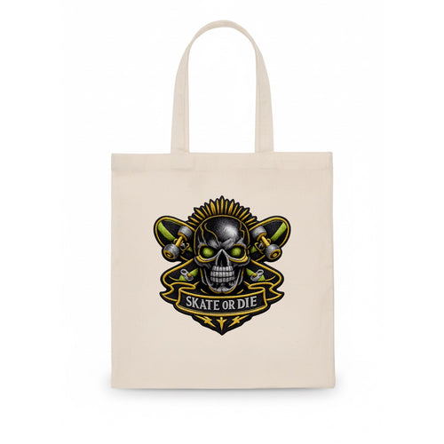 SKATEBOARD SKULL - skull with skateboard in black and neon green , extreme sport - Tote Bag