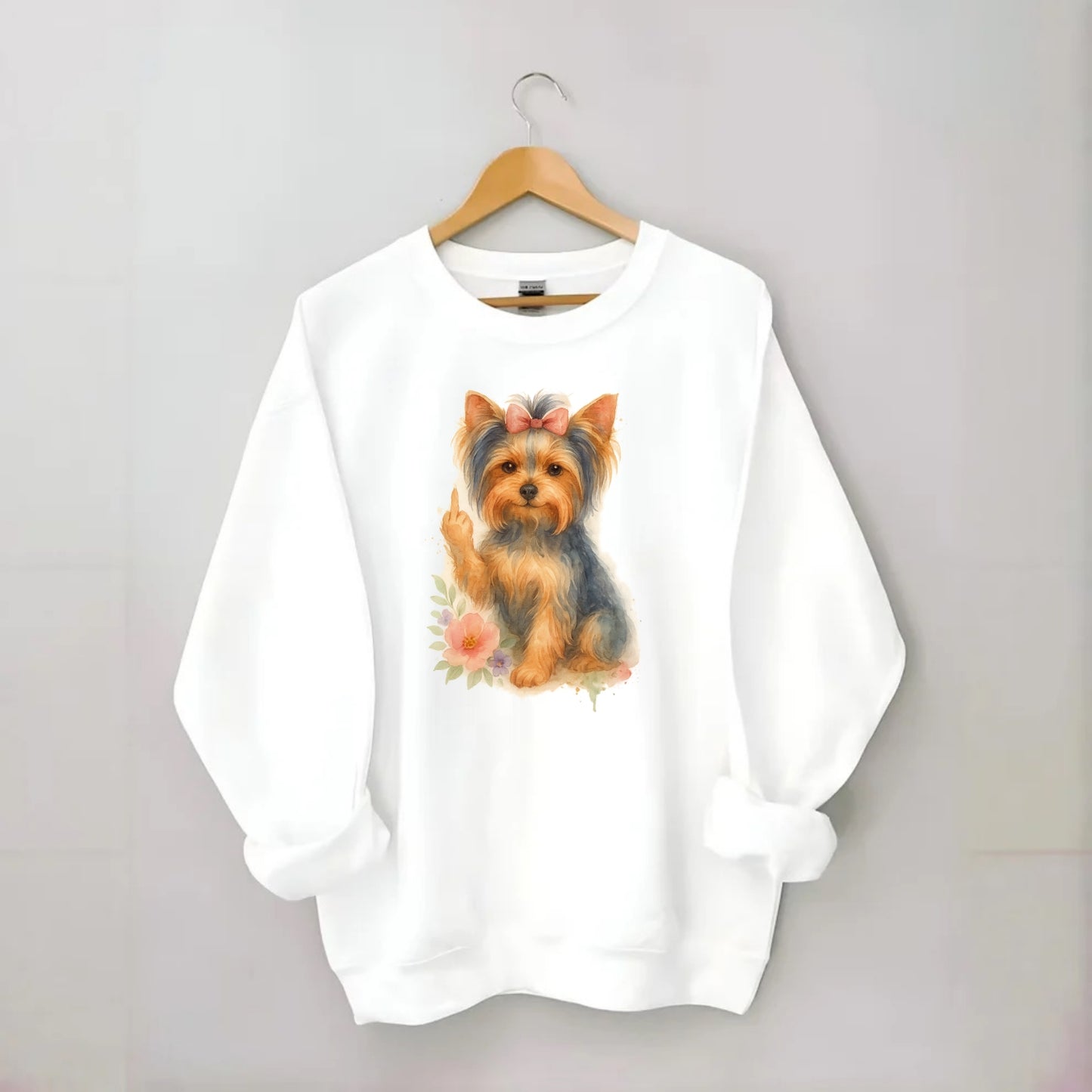 Yorkshire Terrier with topknot bow, one delicate paw flipping off - Crewneck Sweatshirt - white