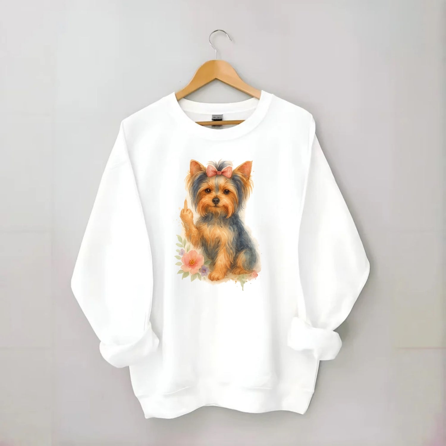 Yorkshire Terrier with topknot bow, one delicate paw flipping off - Crewneck Sweatshirt - white