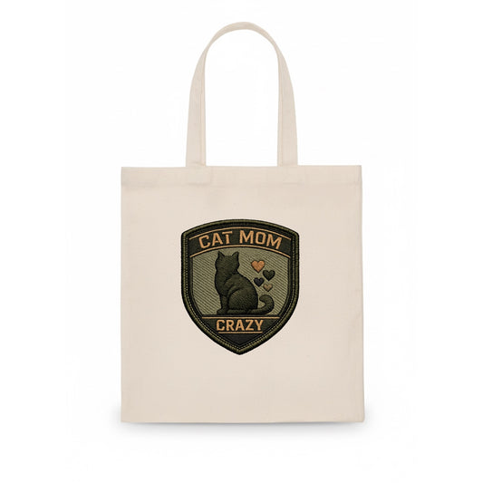 CAT MOM CRAZY - cat silhouette with hearts in purple , cat lady - Tote Bag - white