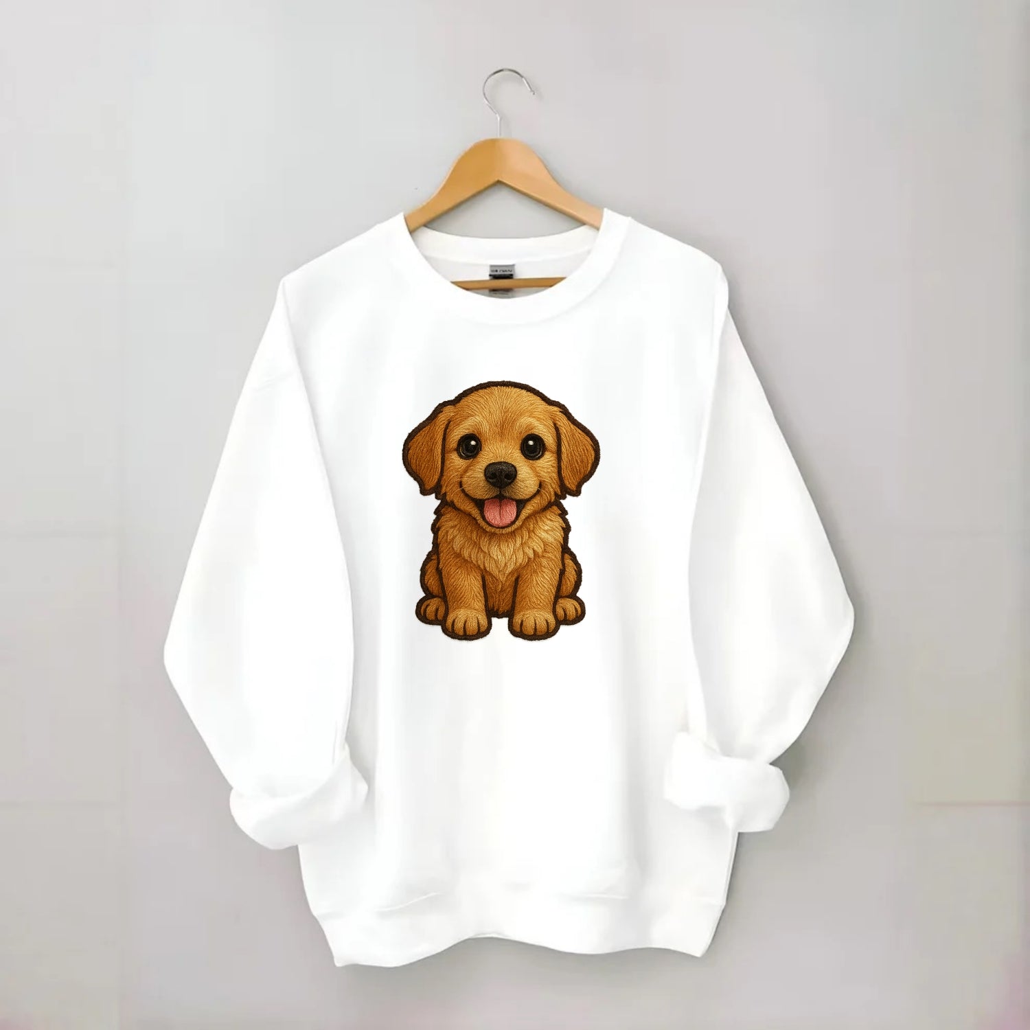 Baby Golden Retriever Puppy - fluffy golden fur, big brown eyes, pink tongue, - Crewneck Sweatshirt - white