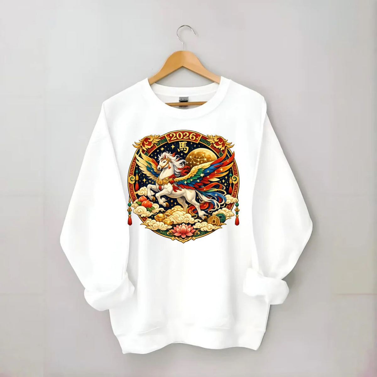 CELESTIAL HORSE | Heavenly horse among clouds and stars | Wings of flowing - Crewneck Sweatshirt - white